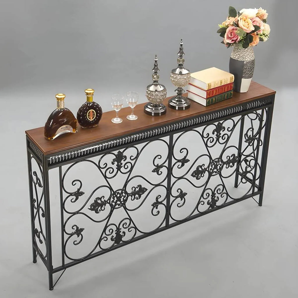 Industrial Iron Base Console Table with Pine Wood Top