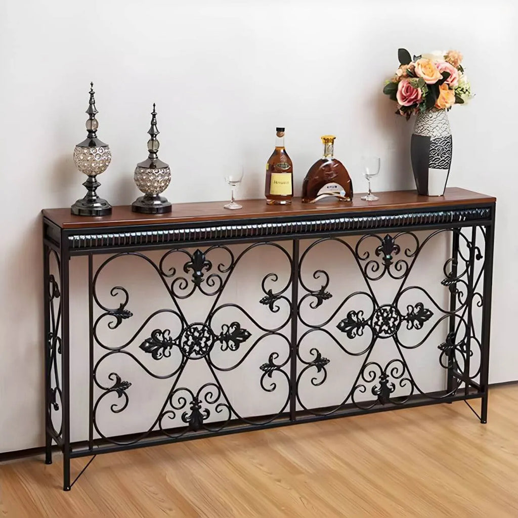 Industrial Iron Base Console Table with Pine Wood Top