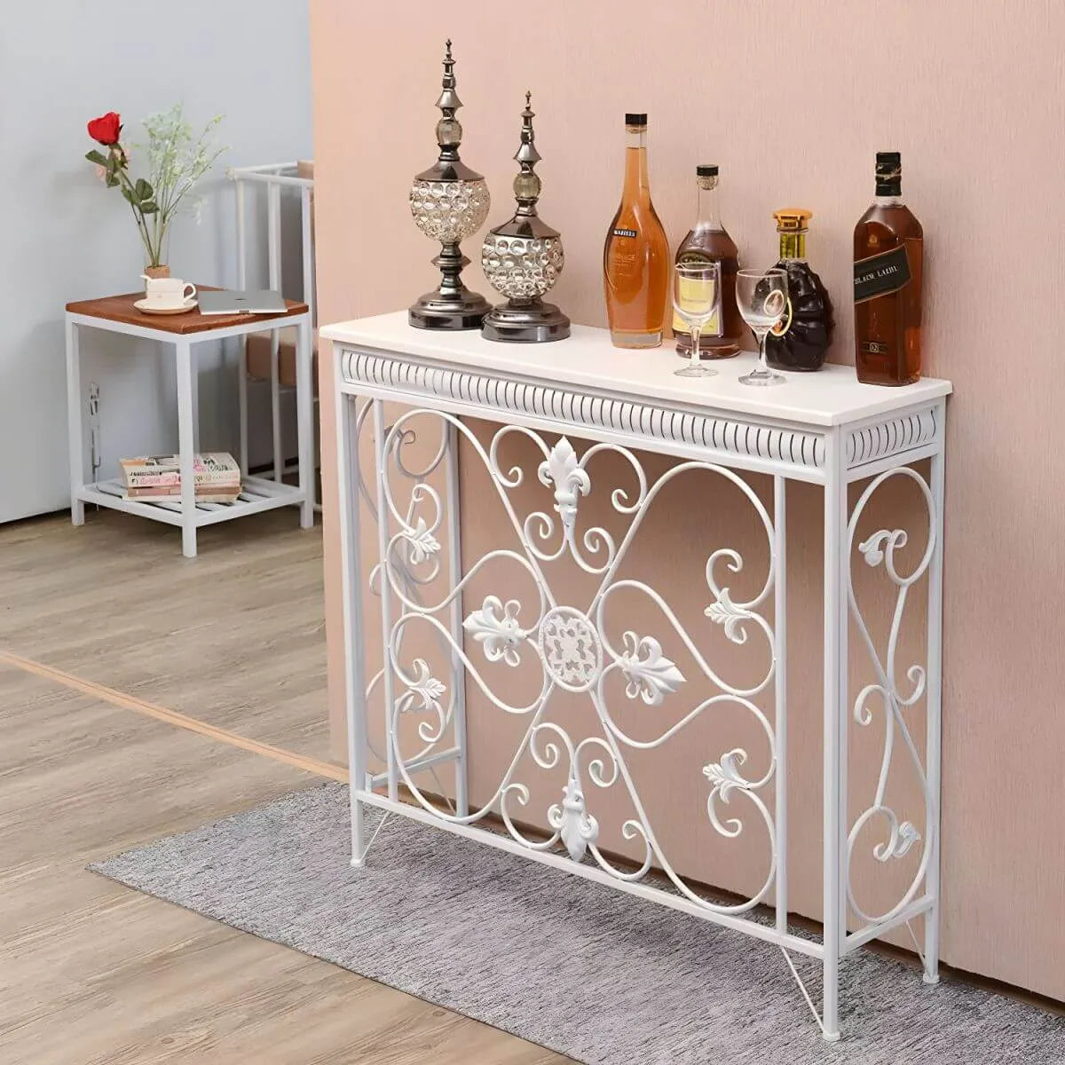 Industrial Iron Base Console Table with Pine Wood Top