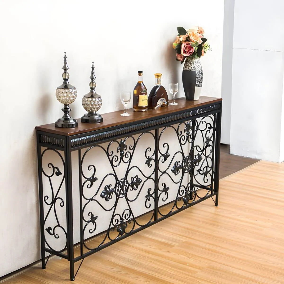Industrial Iron Base Console Table with Pine Wood Top Secondary image