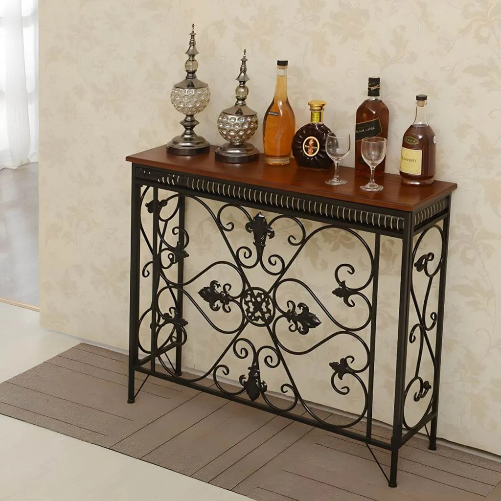 Industrial Iron Base Console Table with Pine Wood Top