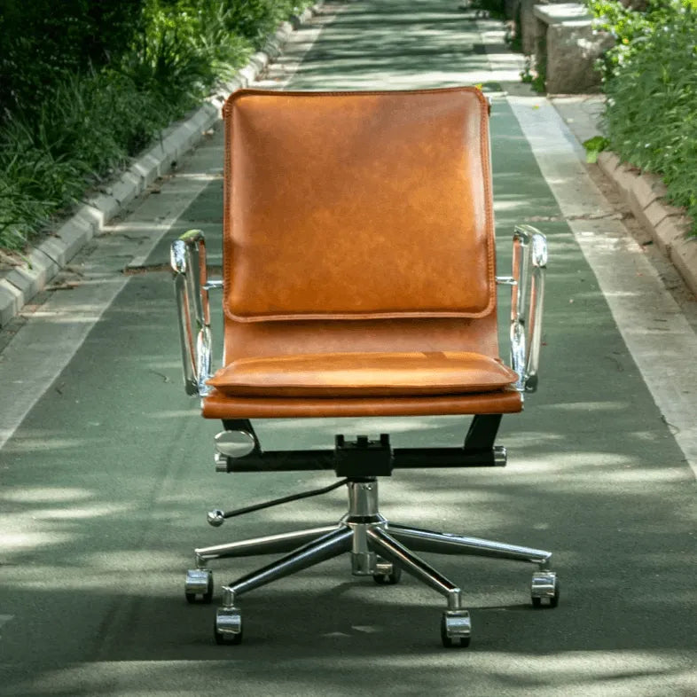 Industrial Luxe Office Chair with Full Waxed Cowhide and Swivel Base
