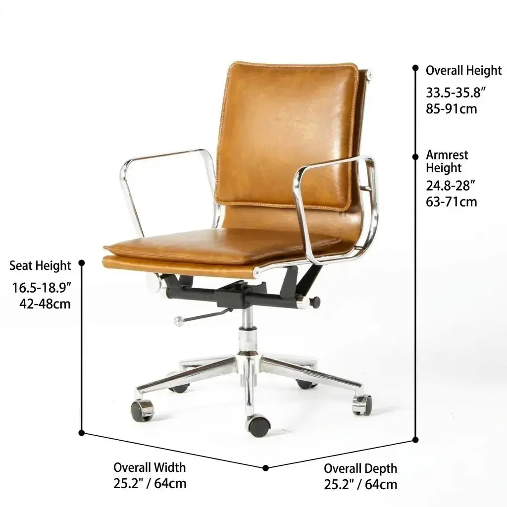 Industrial Luxe Office Chair with Full Waxed Cowhide and Swivel Base Dimensions
