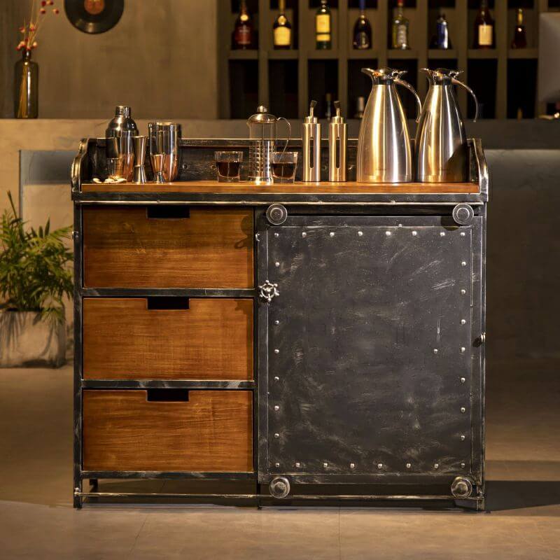 Industrial Metal and Wood Sideboard with Drawers and Cabinet