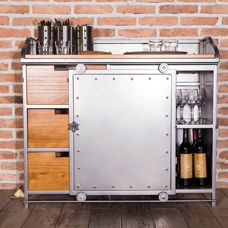 Industrial Metal and Wood Sideboard with Drawers and Cabinet