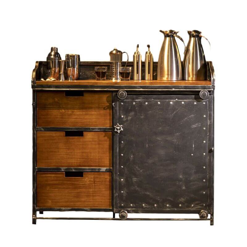 Industrial Metal and Wood Sideboard with Drawers and Cabinet