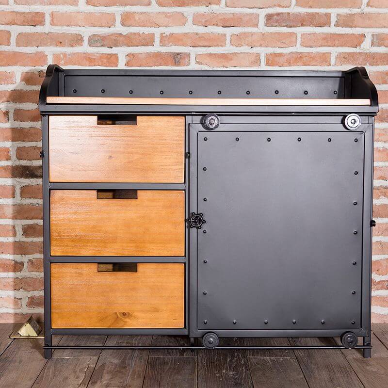 Industrial Metal and Wood Sideboard with Drawers and Cabinet