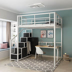 Industrial Metal Loft Bed with Built-In Stairs, Storage & Desk