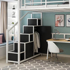 Industrial Metal Loft Bed with Built-In Stairs, Storage & Desk