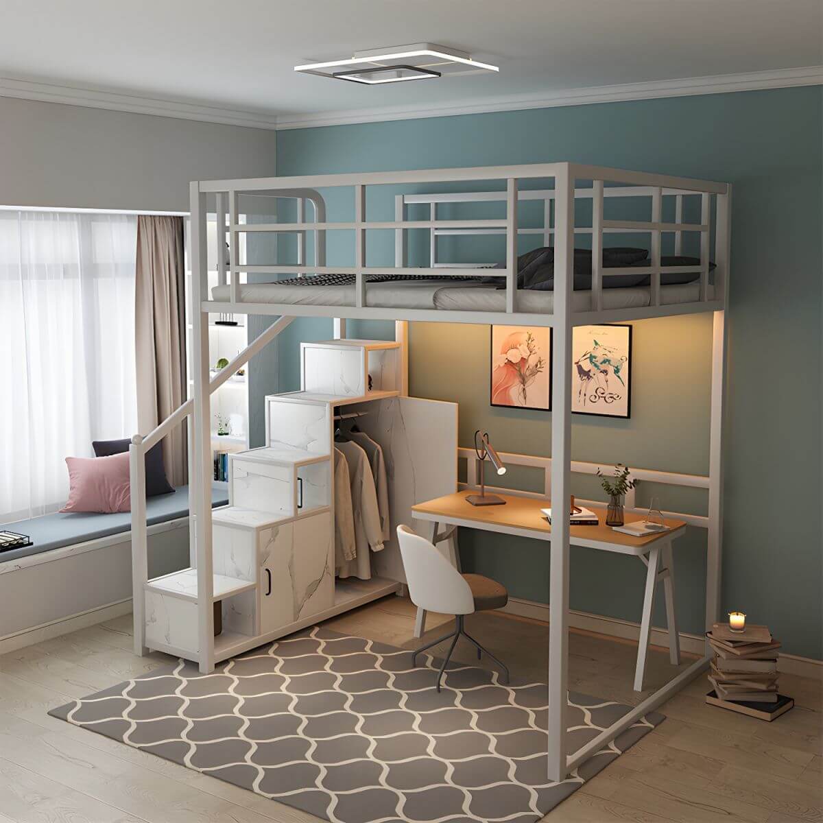 Industrial Metal Loft Bed with Built-In Stairs, Storage & Desk