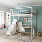Industrial Metal Loft Bed with Built-In Stairs, Storage & Desk