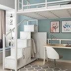 Industrial Metal Loft Bed with Built-In Stairs, Storage & Desk