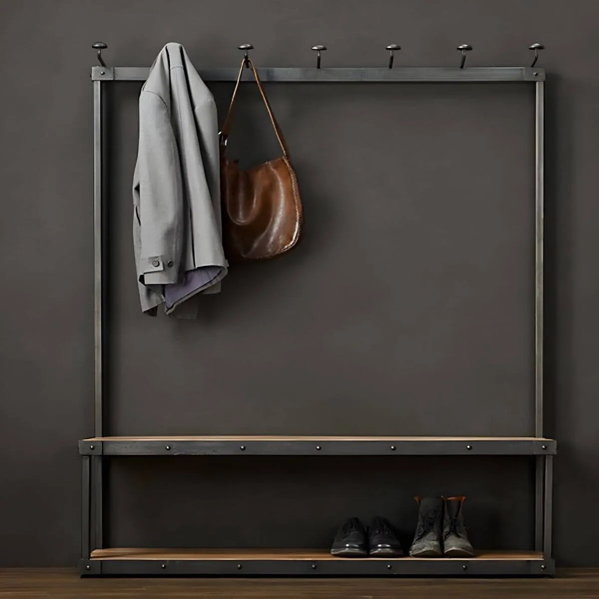Industrial Metal & Wood Entryway Hall Tree with Storage Shelves