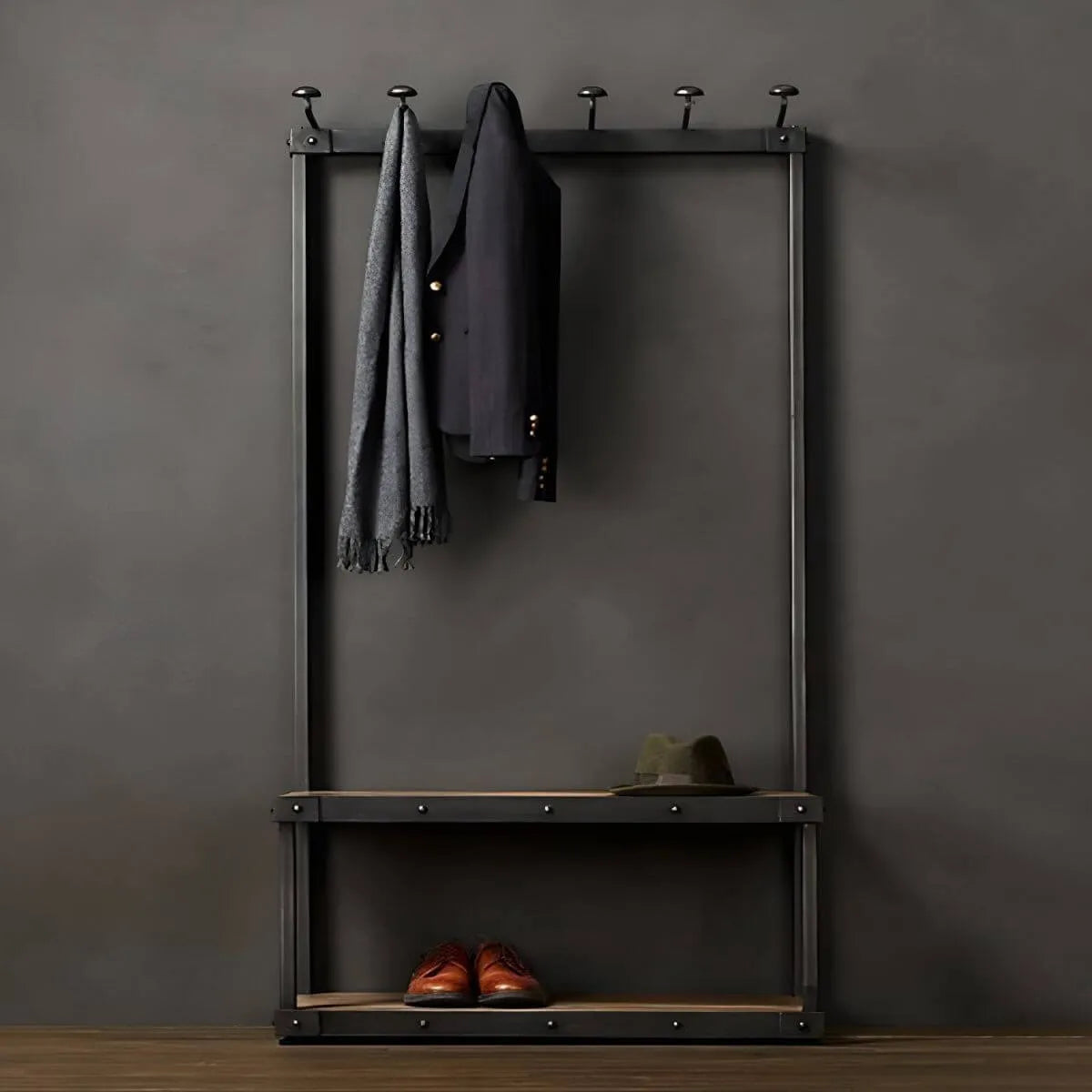Industrial Metal & Wood Entryway Hall Tree with Storage Shelves Secondary image