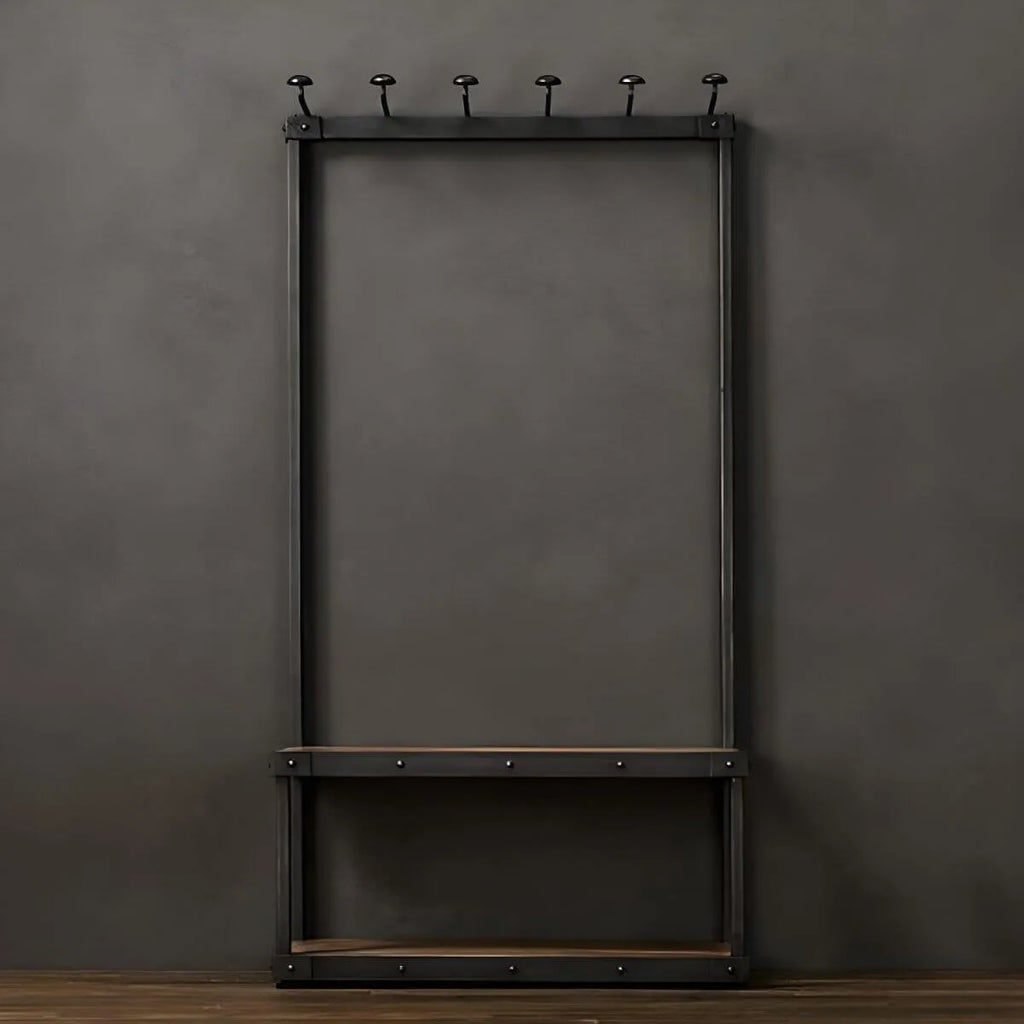 Industrial Metal & Wood Entryway Hall Tree with Storage Shelves Main Product Image