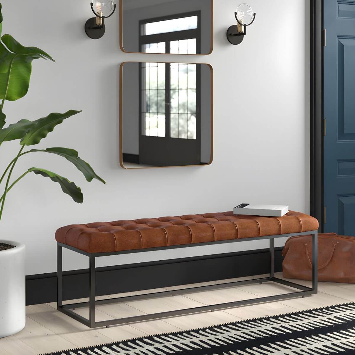 Industrial-Style Faux Leather Entryway Bench with Tufted Cushion Secondary image