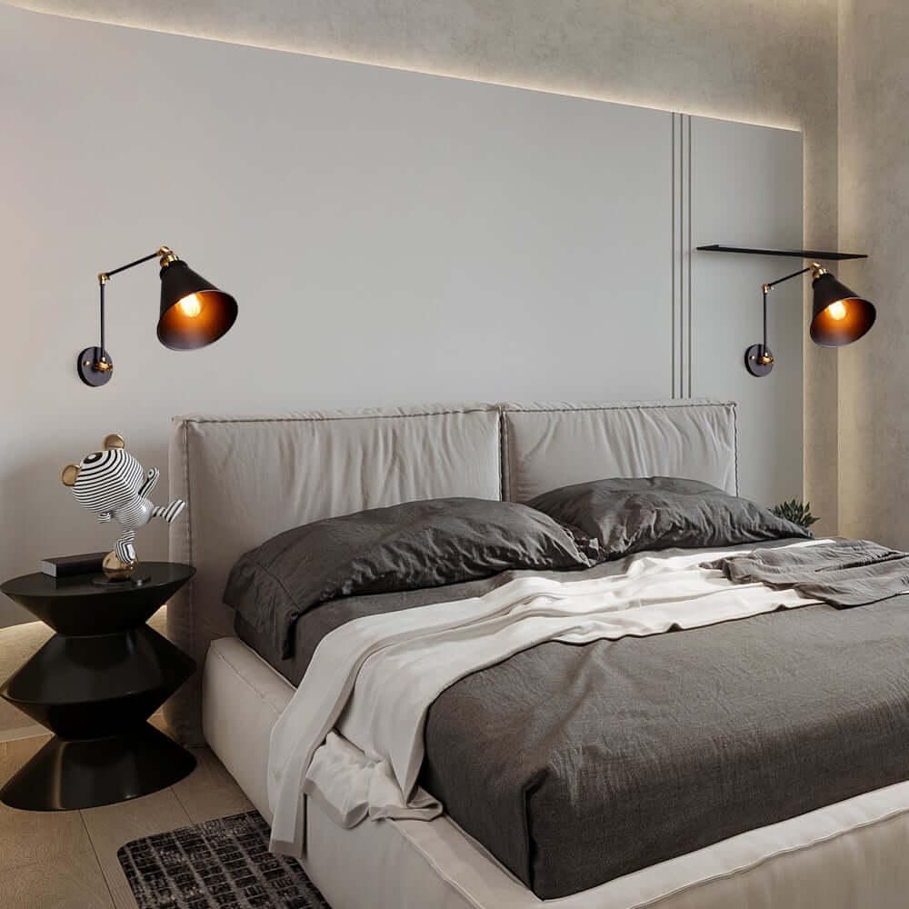 Industrial Swing Arm Wall Sconce – Dual-Head Black Metal with Brass Accents Secondary image