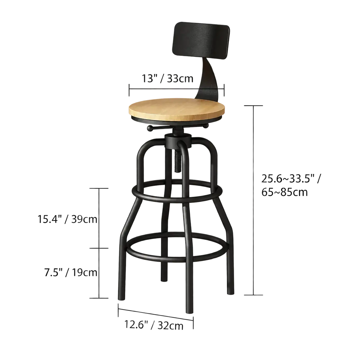 Industrial Wood and Metal Guitar Chair Bar Stool Series With Backrest Dimensions