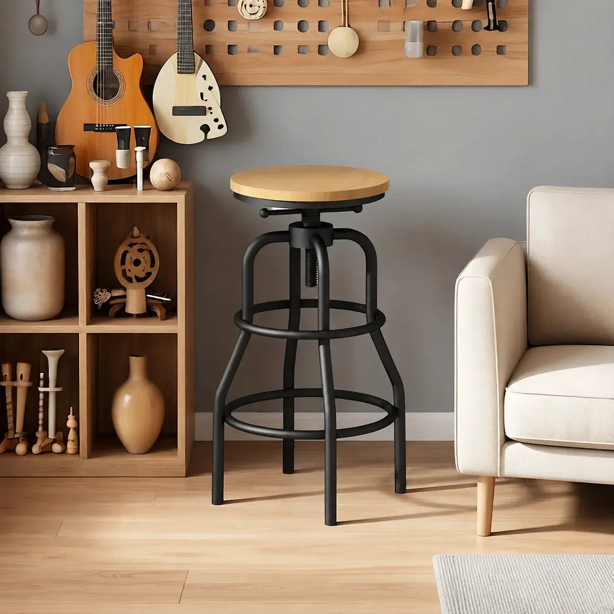 Industrial Wood and Metal Guitar Chair Bar Stool Series With Backrest Main Product Image Image principale du produit