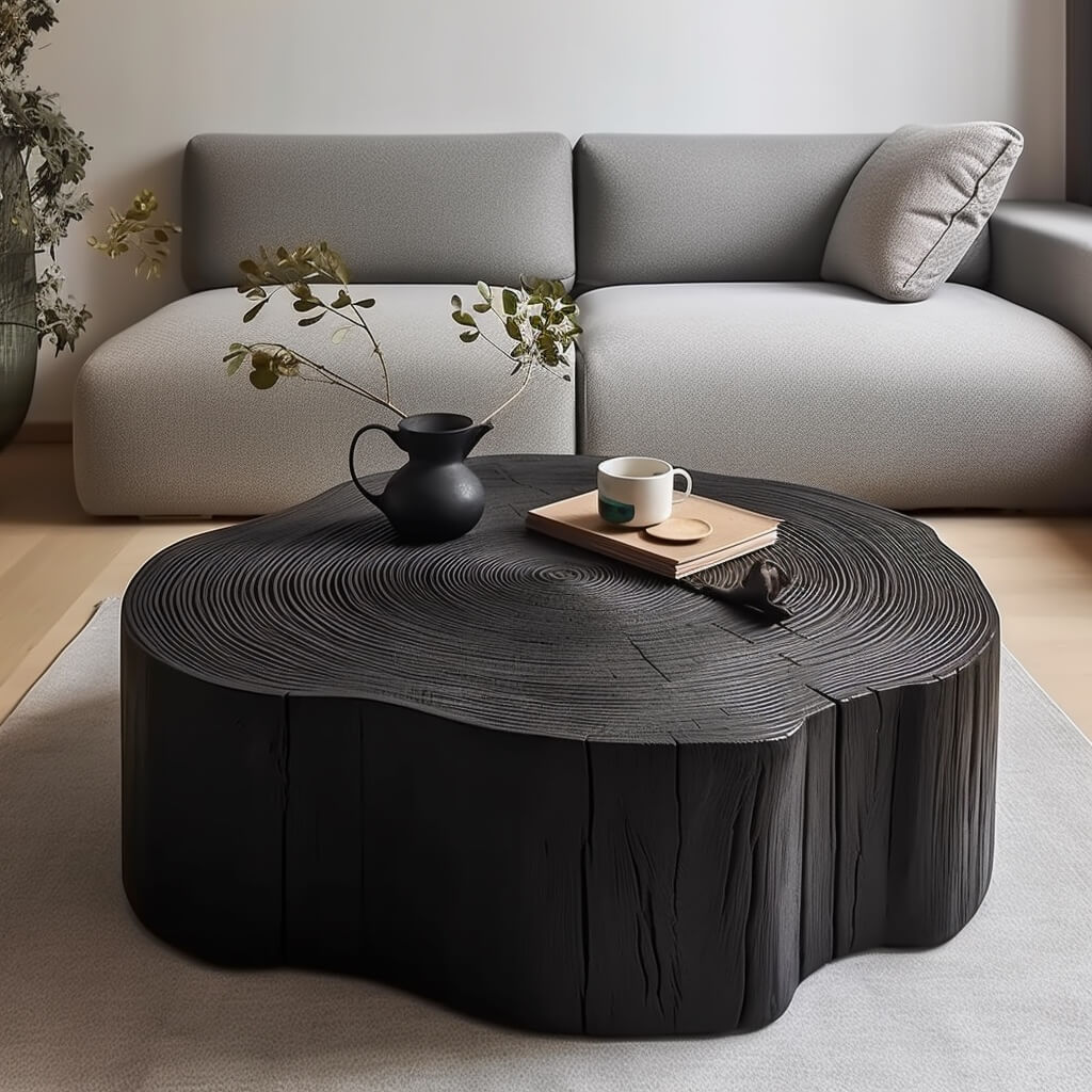 Table basse ronde irrégulière noire avec finition bois naturel Image secondaire du produit
