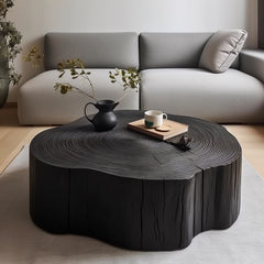 Irregular Round Black Coffee Table in Natural Wood Finish