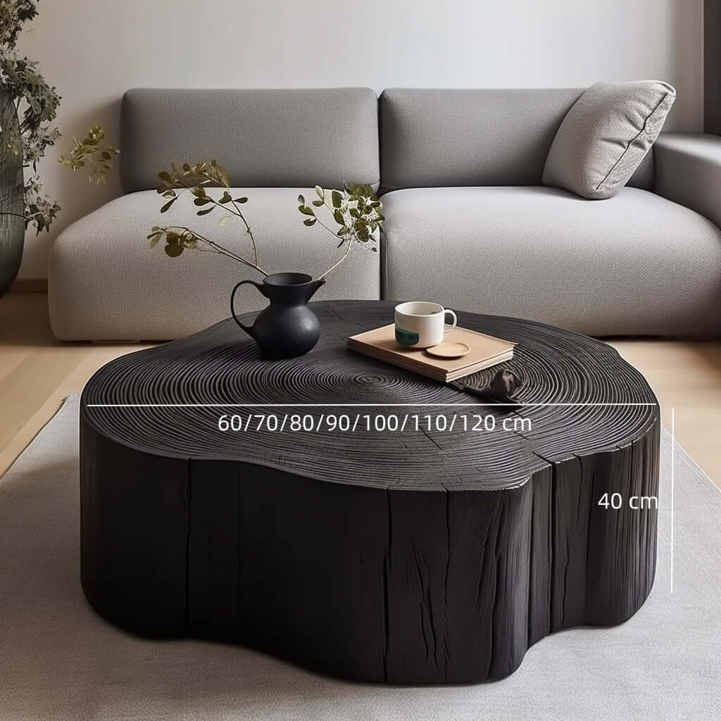 Irregular Round Black Coffee Table in Natural Wood Finish Dimensions
