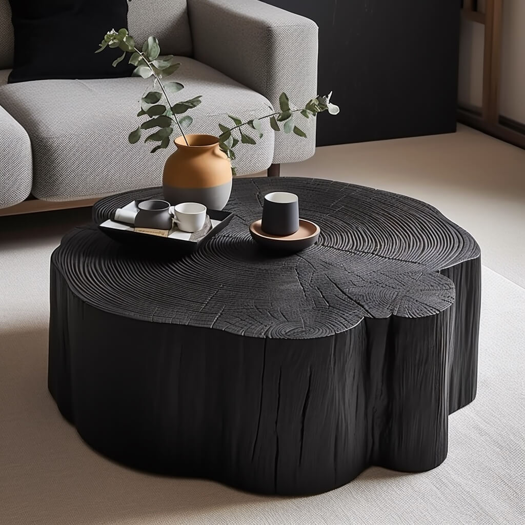 Irregular round black coffee table in natural wood finish