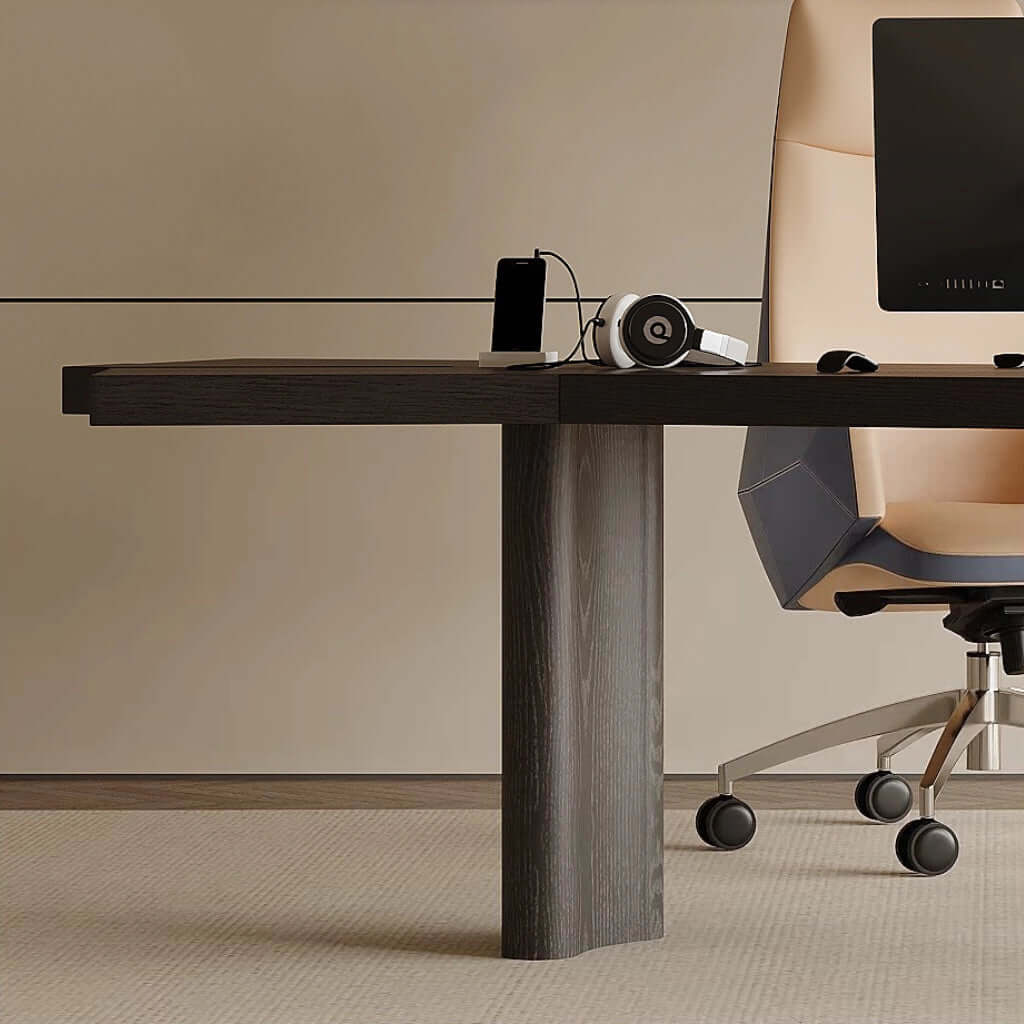 Irregular Shape Black Executive Desk With Ash Wood Legs