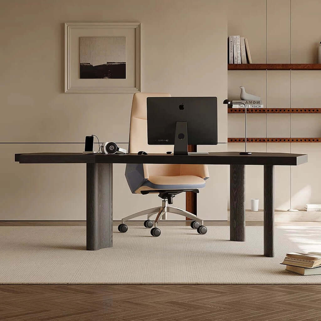 Irregular Shape Black Executive Desk With Ash Wood Legs