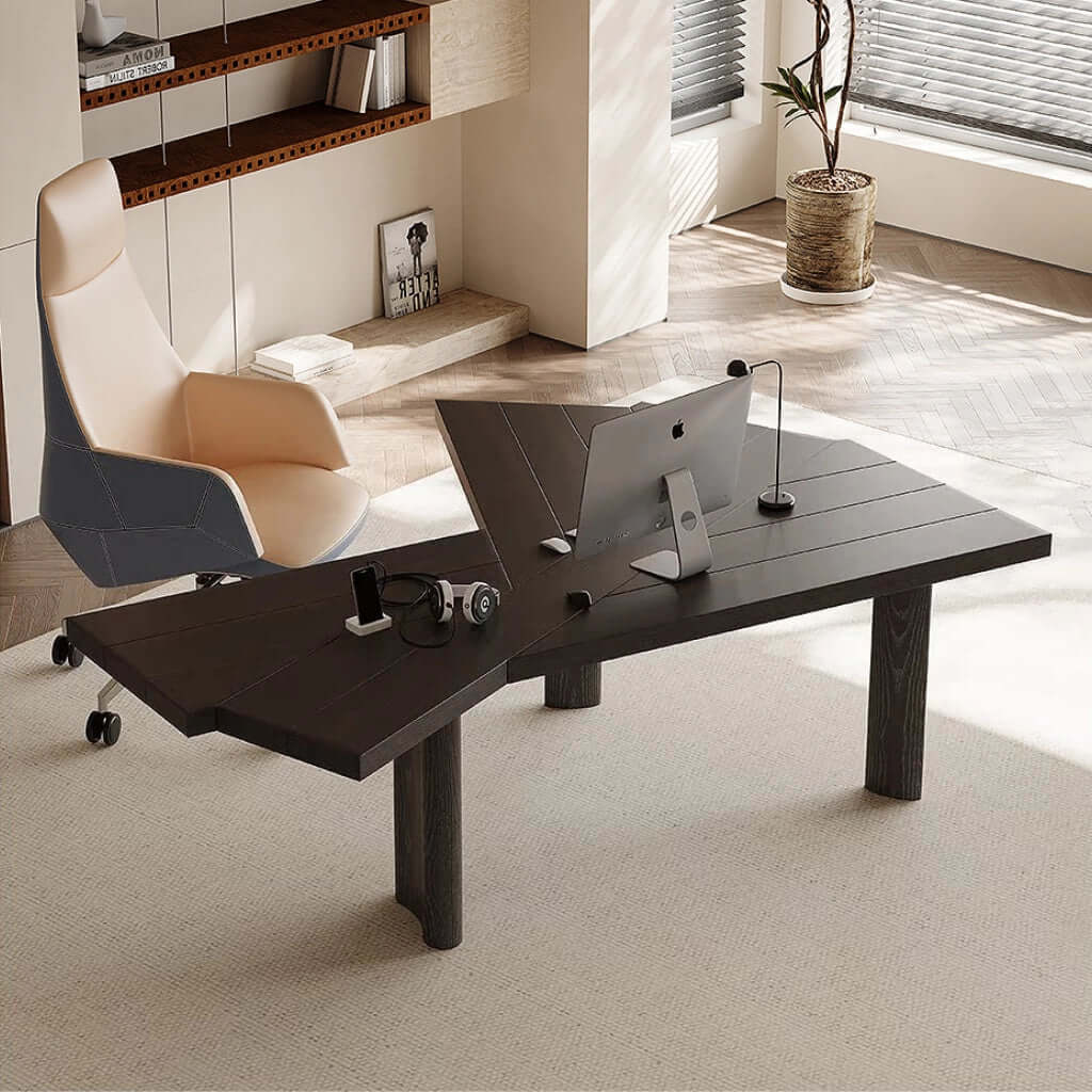 Irregular Shape Black Executive Desk With Ash Wood Legs Main Product Image メイン画像