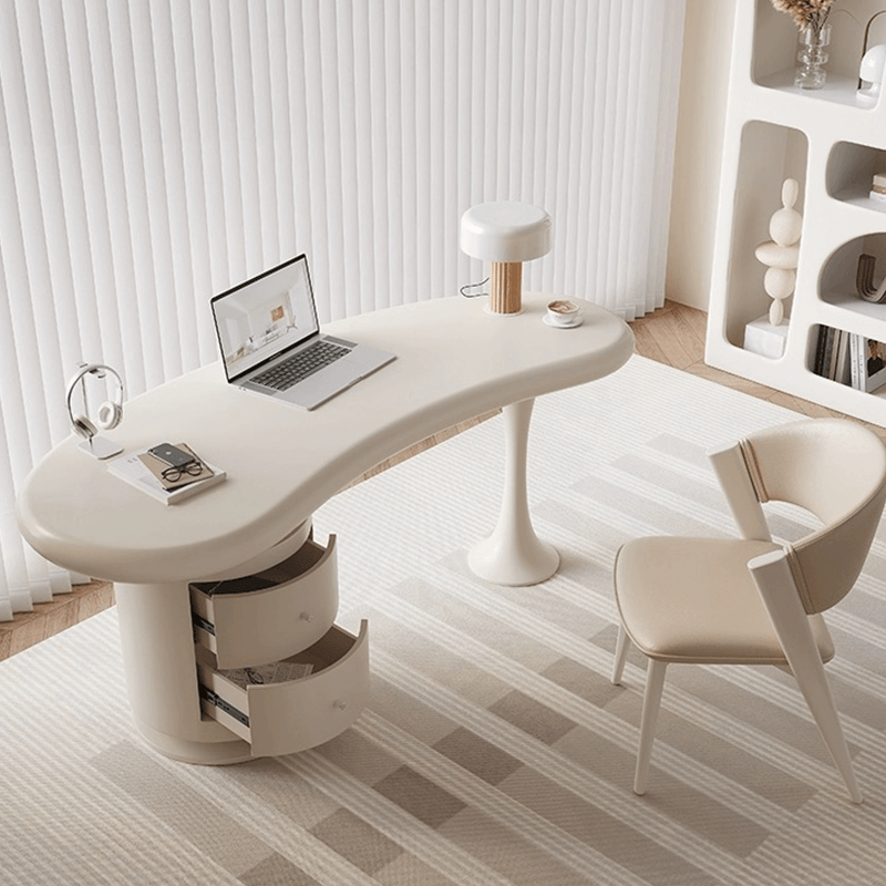 Irregular Shaped Wooden Desk with Chair and Drawers