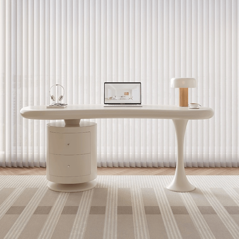 Irregular Shaped Wooden Desk with Chair and Drawers