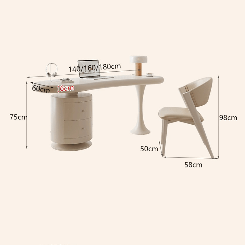 Irregular Shaped Wooden Desk with Chair and Drawers