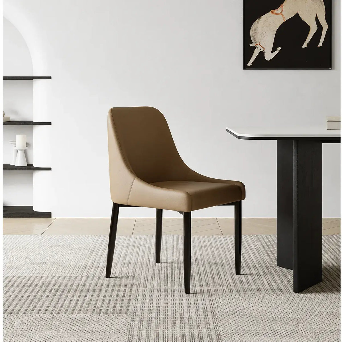 Italian Minimalist Dining Chair Series with Curved Arms, Leather Upholstery and Slim Steel Legs