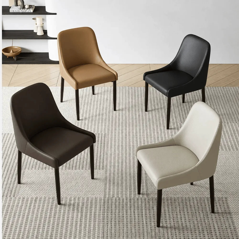 Italian Minimalist Dining Chair Series with Curved Arms, Leather Upholstery and Slim Steel Legs