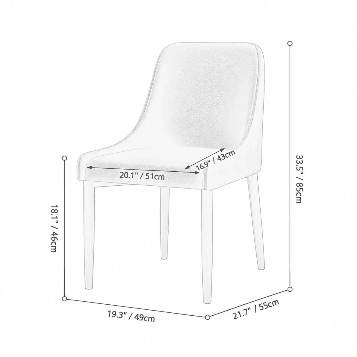 Italian Minimalist Dining Chair Series with Curved Arms, Leather Upholstery and Slim Steel Legs Dimensions