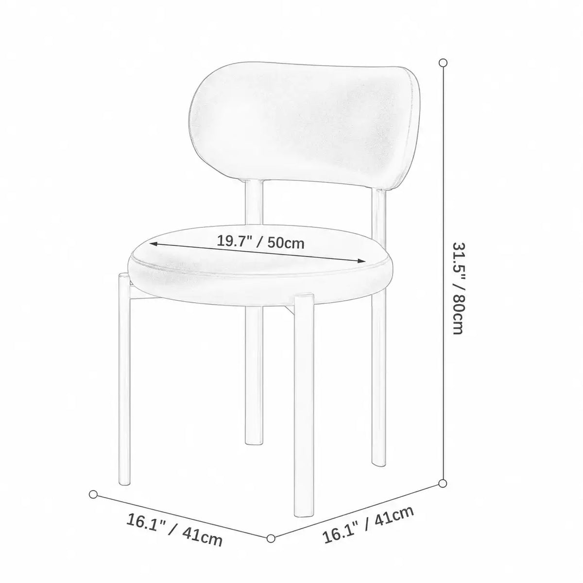 Italian Minimalist Dining Chair Series with Curved Back and Slim Metal Legs Dimensions