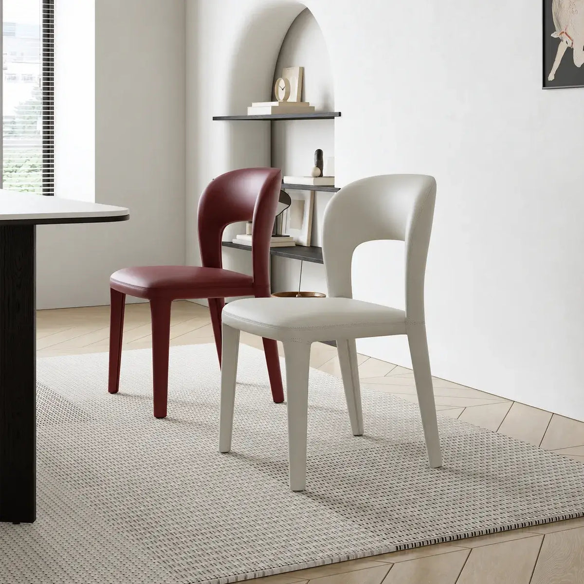 Italian Minimalist Dining Chair Series with Cutout Back and Leather Upholstery