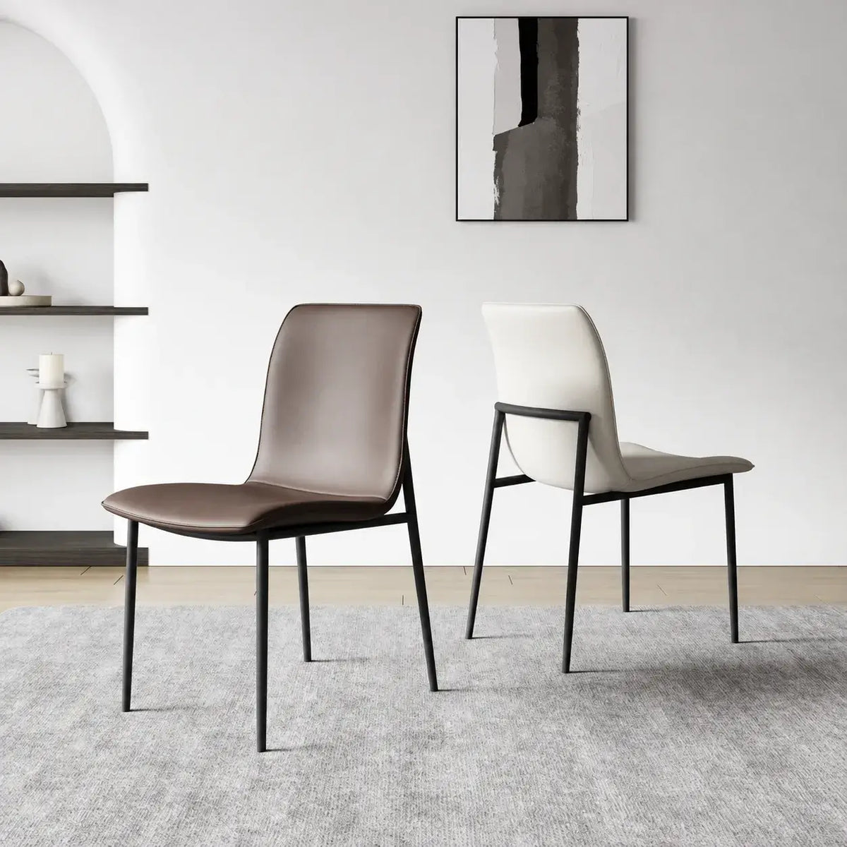 Italian Minimalist Dining Chair Series with Matte Leather and Slim Metal Legs