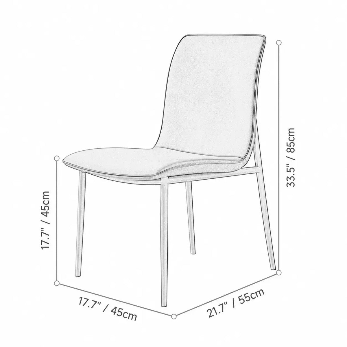 Italian Minimalist Dining Chair Series with Matte Leather and Slim Metal Legs Dimensions