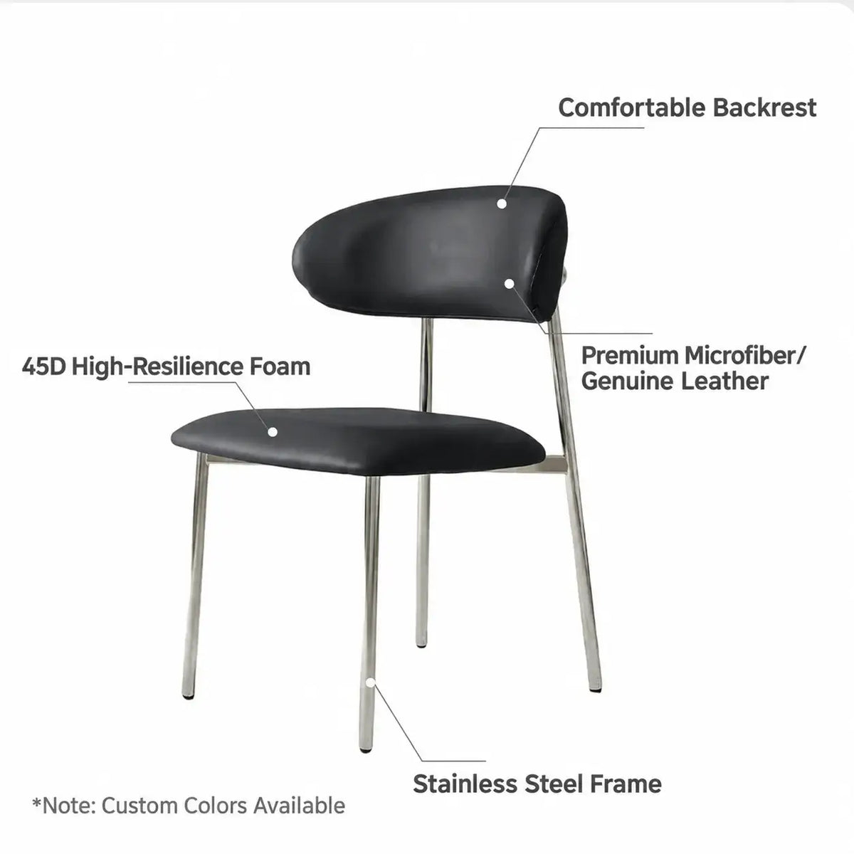 Italian Minimalist Dining Chair Series with Stainless Steel Legs and Curved Back