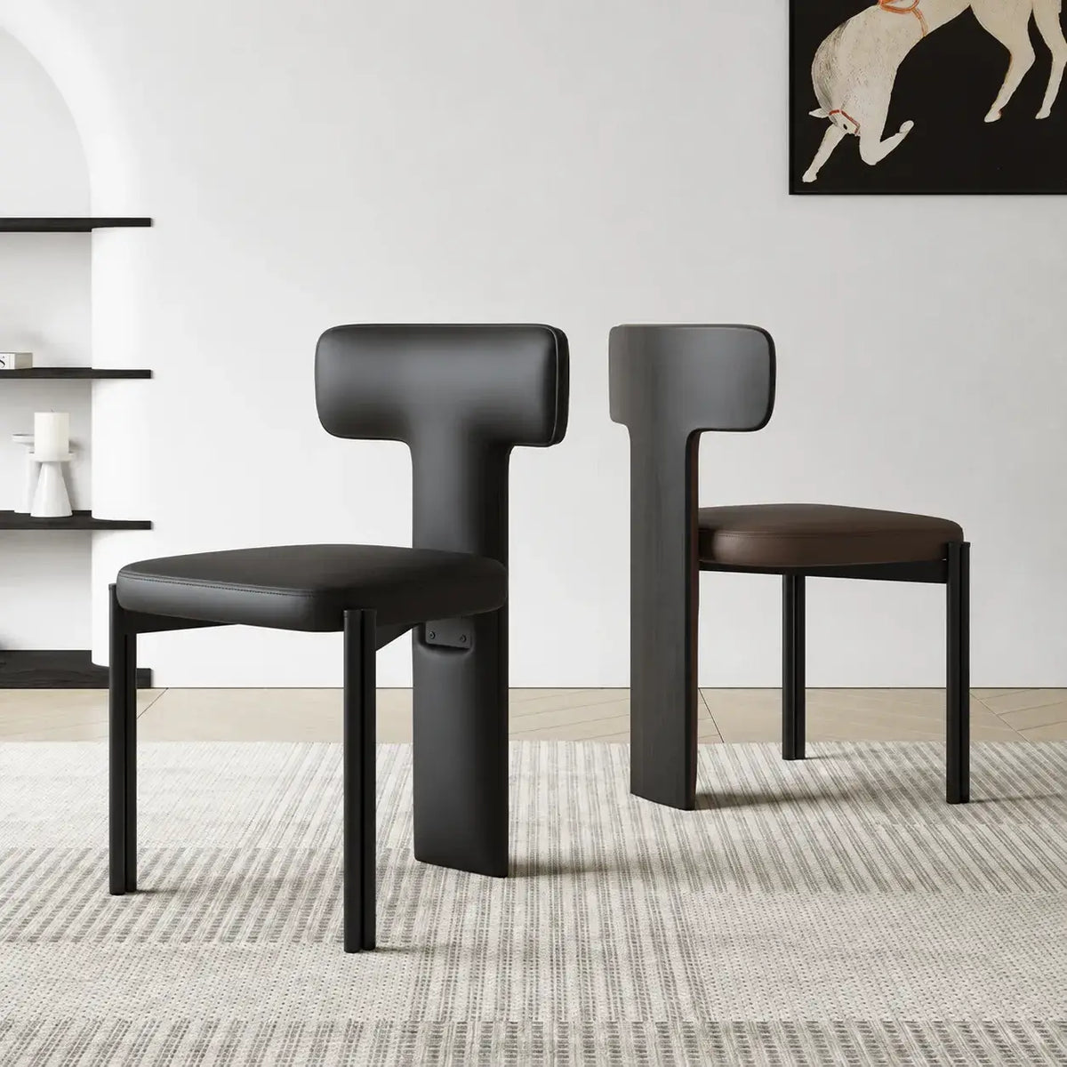 Italian Minimalist Dining Chair Series with Wrapped Leather and Sculpted Wood Frame Main Product Image