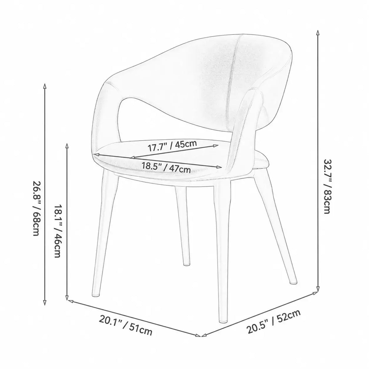 Italian Minimalist Dining Chair with Wraparound Arms and Slim Steel Legs Dimensions