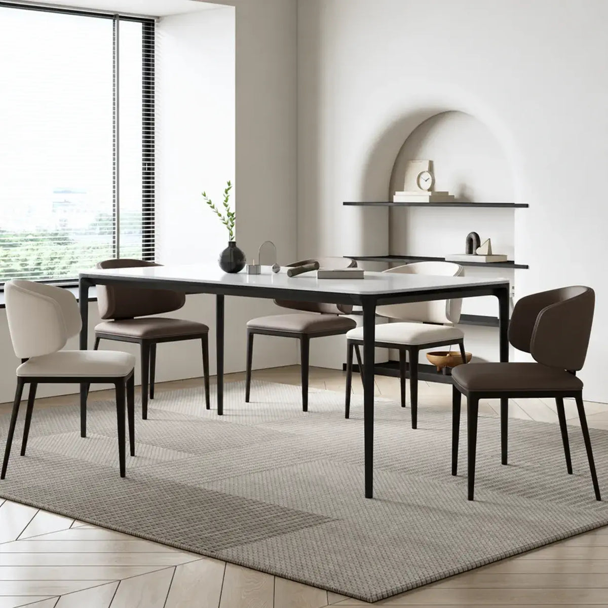 Italian Minimalist Dining Chair with Wraparound Back and Leather Upholstery