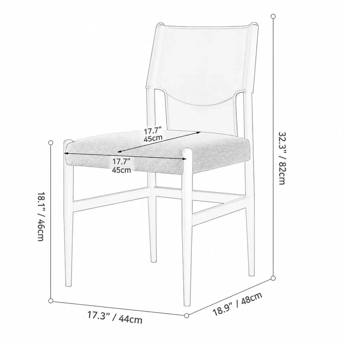 Italian Minimalist High-Back Dining Chair with Saddle Leather Contrast Upholstery Dimensions