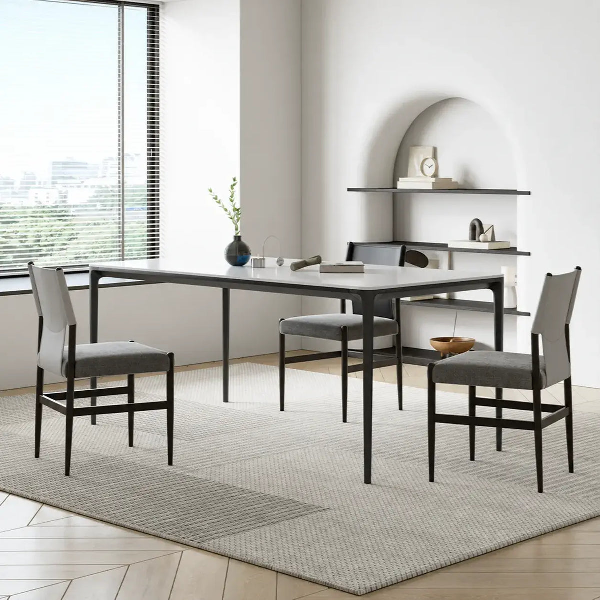 Italian Minimalist High-Back Dining Chair with Saddle Leather Contrast Upholstery
