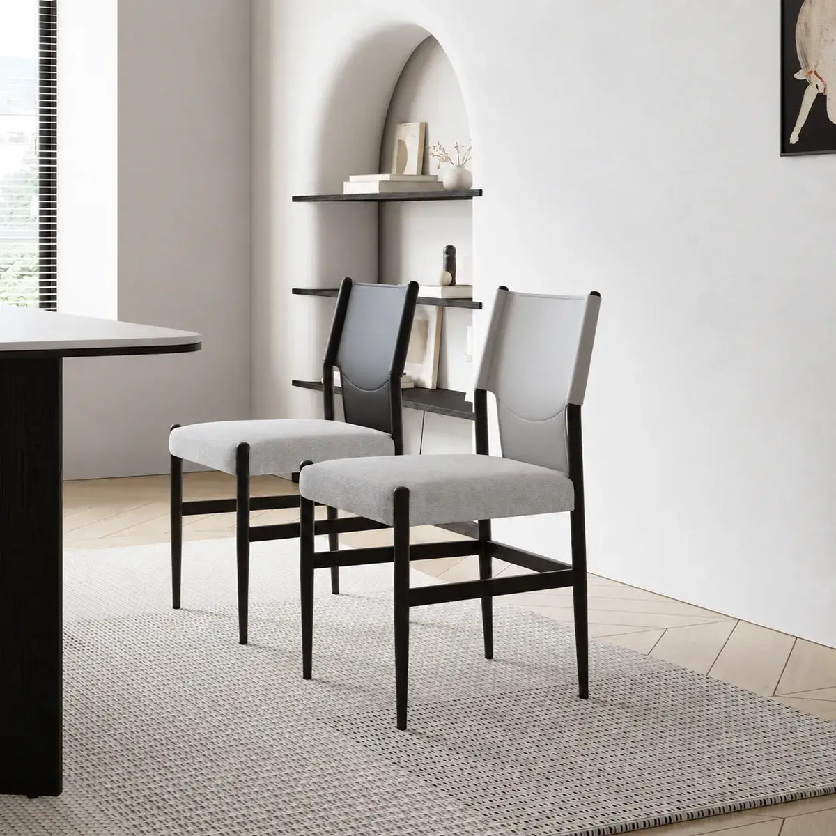 Italian Minimalist High-Back Dining Chair with Saddle Leather Contrast Upholstery