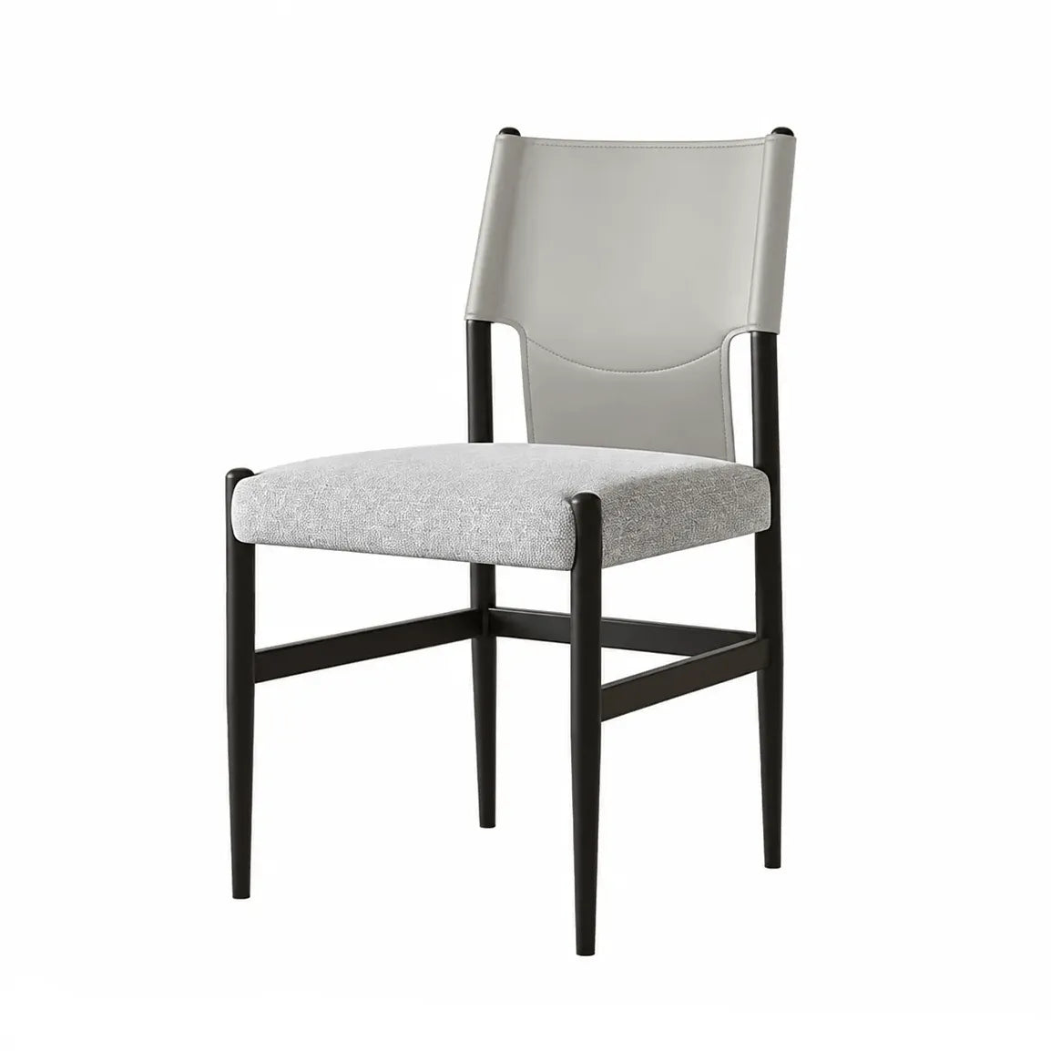 Italian Minimalist High-Back Dining Chair with Saddle Leather Contrast Upholstery