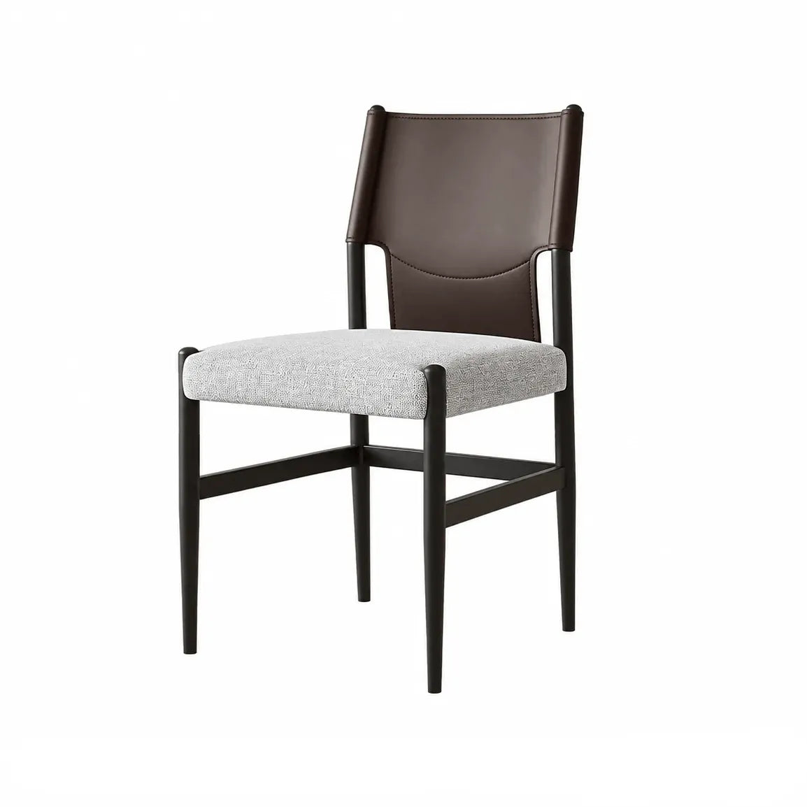 Italian Minimalist High-Back Dining Chair with Saddle Leather Contrast Upholstery