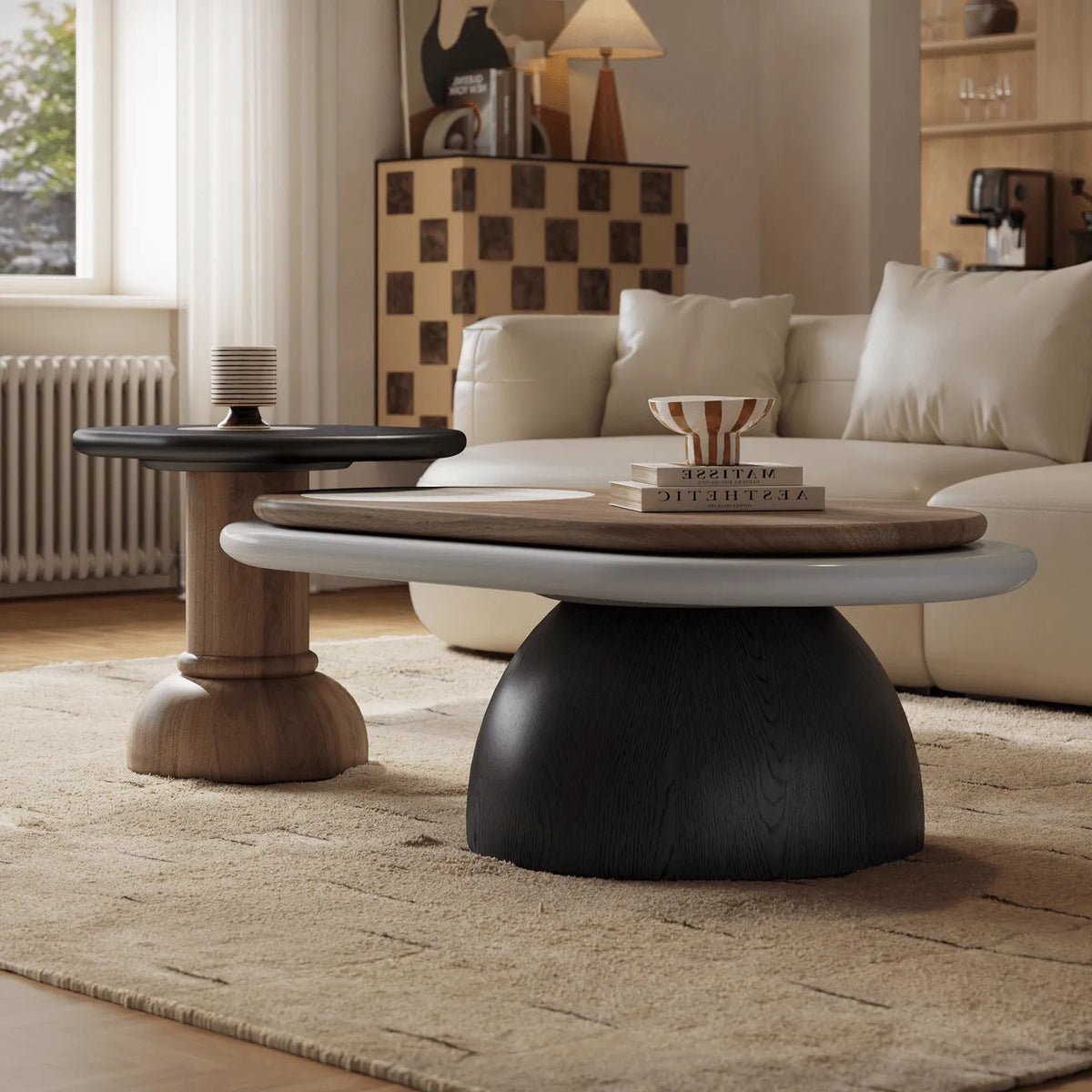 Italian Minimalist Nesting Coffee Table Set with Rotating Top and Stone Inlay